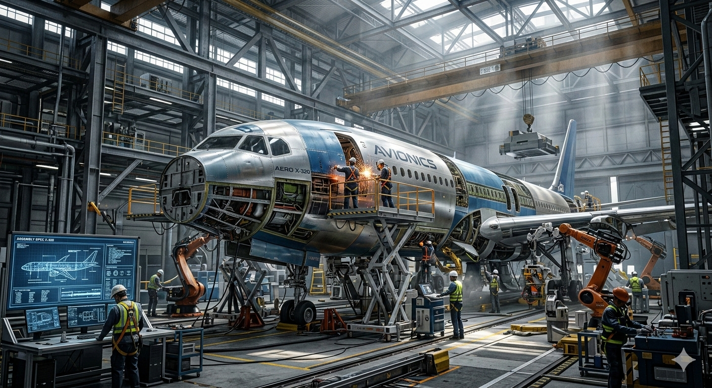 A hyper-realistic photo of an advanced aircraft factory interior, massive futuristic plane fuselage being assembled, metallic surfaces, complex machinery, volumetric lighting, engineering blueprint aesthetic.